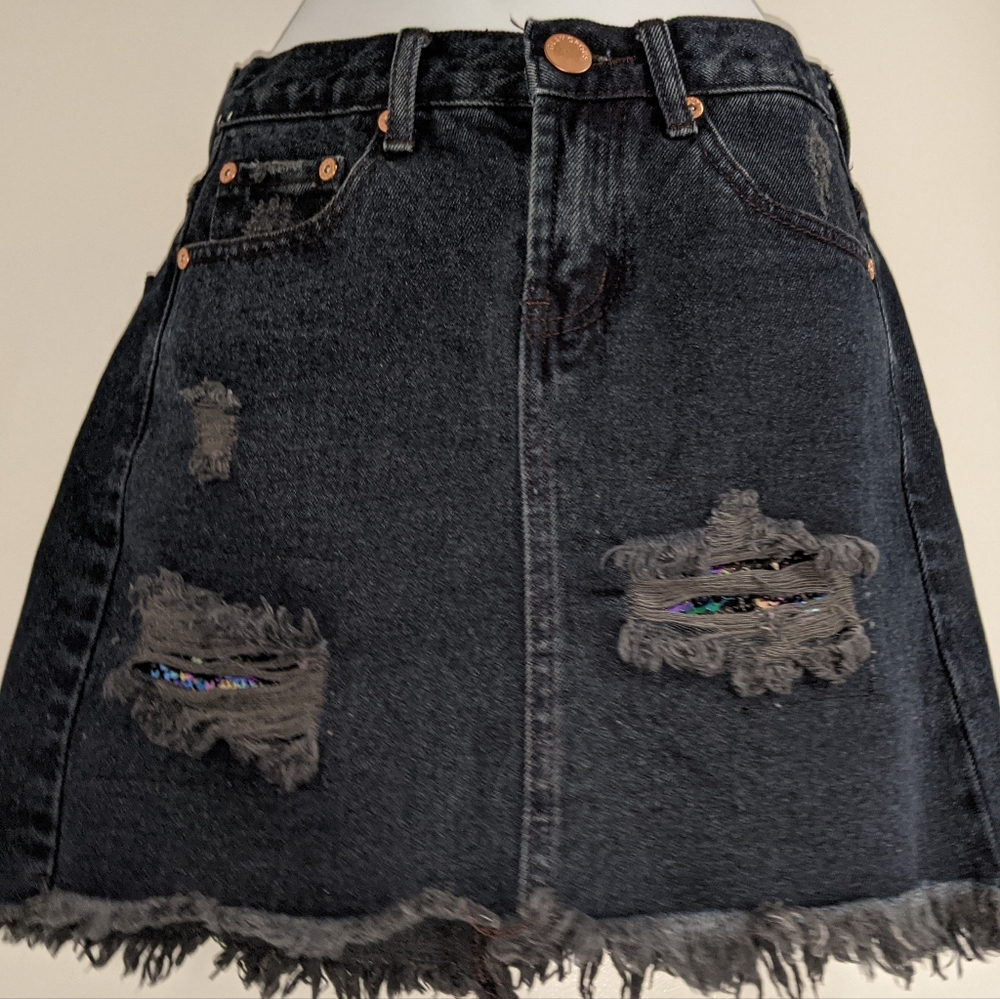 GLAMOROUS Jeans Dolls Kill Distressed Denim Mini Skirt Peekaboo Purple Sequins